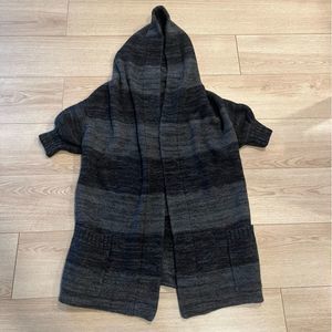 Vince Cashmere Wool Black Striped Short Sleeve Open Front Hooded Cardigan Size S